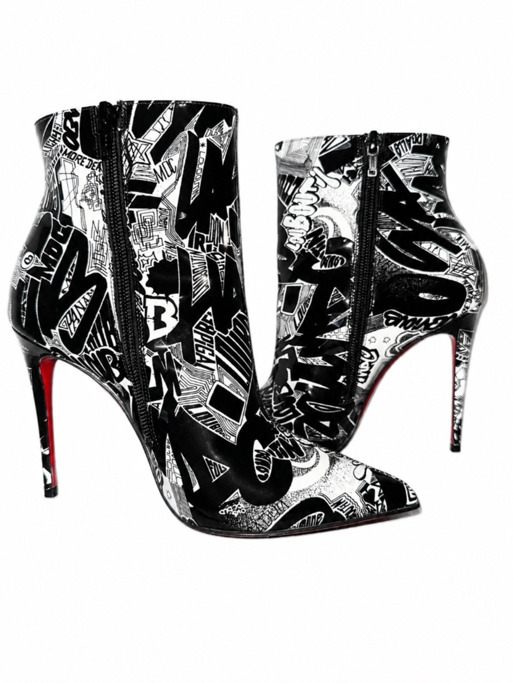 Christian Louboutin Black & White Graphic Print Patent Ankle Boots